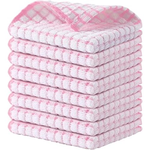 Kitinjoy Cotton 8 Pack Terry Kitchen Dish Cloths, 12 x 12 Inches Super Soft and Absorbent Dish Rags, Quick Drying Dish Towels for Washing Dishes, Pink