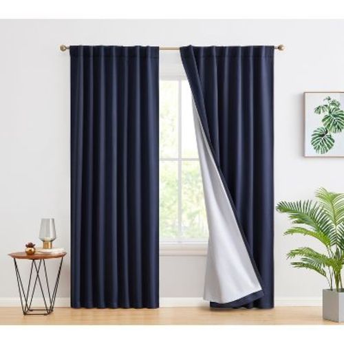 HLC.ME Hamilton 100% Full Blackout Lined Thermal Insulated Soundproof Window Curtain Rod Pocket Back Tab Panels, Set of 2 - Navy Blue, 52 W x 96 L
