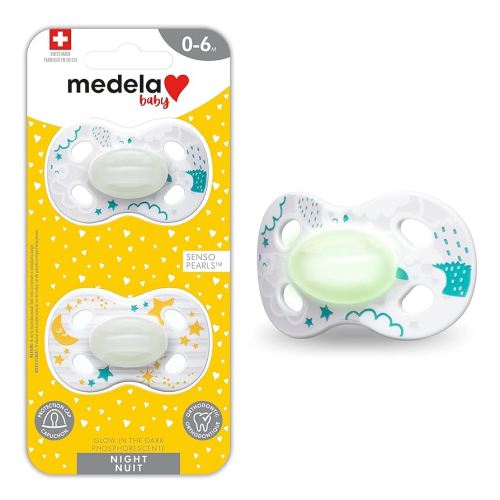 Medela Baby Pacifier | Night - Glow in The Dark | 0-6 Months | 2-Count | Lightweight | BPA-Free | Hedgehogs and Moon with Stars