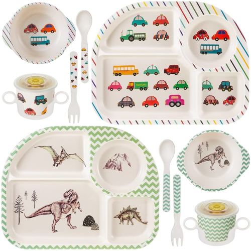 Roshtia 10 Pcs Cartoon Bamboo Kids Dinnerware Set Dinosaur Car Plate and Bowl Set Dishwasher Safe Kids Dish Set Toddler Plates and Utensils Set Car Dinosaur Forks and Spoons for Kids with Cup