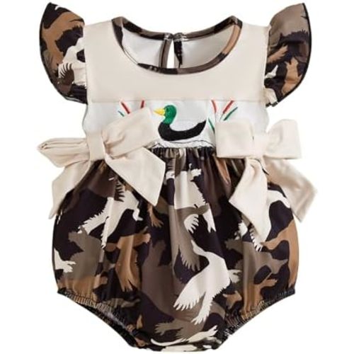 Duck Hunting Baby Clothes Infant Baby Girls Mallard Duck Embroidered Camoflage Bubble Romper Summer Ruffle Bodysuit