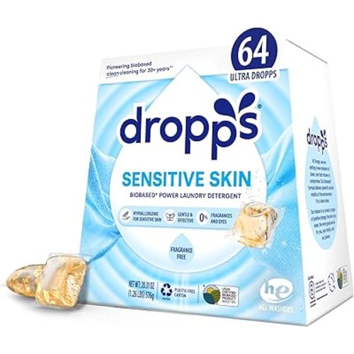 Dropps Sensitive Skin Laundry Detergent Pods, Unscented (64 Count) - Dermatologist Tested Laundry Pods - HE Compatible Laundry Supplies for Clean Clothes, Vegan & Dye-Free