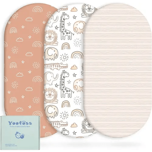 Yoofoss Bassinet Sheets for Baby,3-Pack Fitted Bassinet Sheets Set Compatible with Halo Bassinest Swivel Sleeper,Baby Delight,Angelbliss,Soft Breathable Bassinet Mattress Sheets (Brown+Animals)