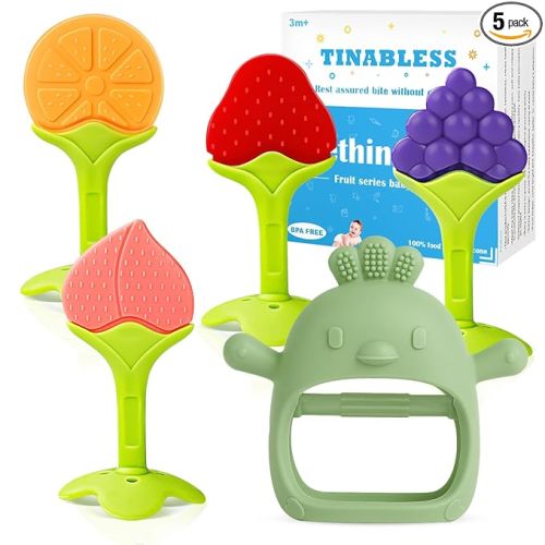 Baby Teething Toys for 0-6 6-12 Months (5 Pack) - Tinabless Food Grade Silicone Teething Mitten&Teething Relief Toys Set, BPA-Free, Freezer Safe for Infants and Toddlers, Silicone Baby Teethers(Green)