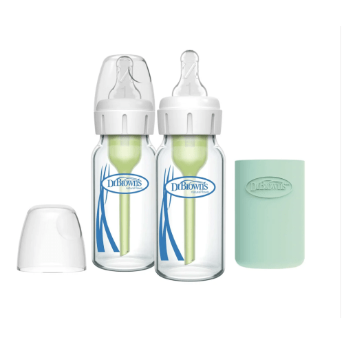 Dr. Brown's Natural Flow Anti-Colic Options+ Narrow Glass Baby Bottle with Silicone Sleeve, 2-Pack