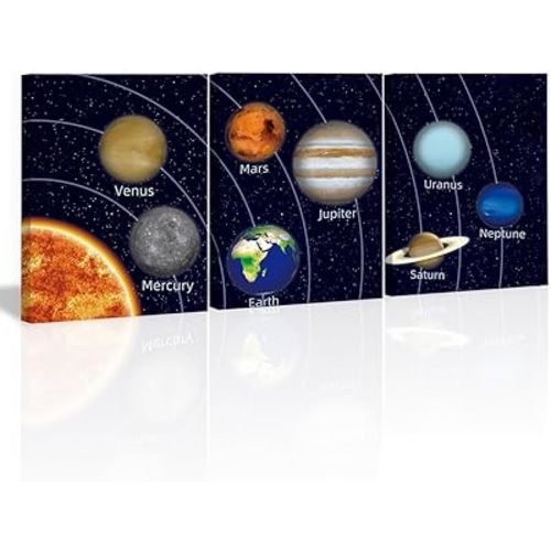 KAIRNE Boys Space Room Decor Framed Outer Space Wall Art Set Of 3 (12X16inch) Kids Picture Planets Pictures Solar System Educational Teaching Poster for Boys Room Nursery Children Playroom Decor