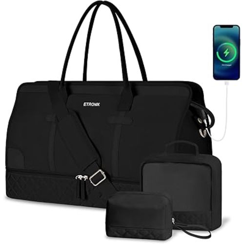ETRONIK Weekender Overnight Bags for Women, Large Travel Duffle Bag with Shoe Compartment & Wet Pocket, Carry On Tote Bag Gym Duffel Bag with Toiletry Bag for Hospital 4 Pcs Set, Large Size, Black