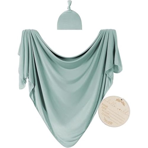 Large Jersey Knitted Swaddle Blanket for Baby, Soft Stretchy Receiving Blanket for Newborns with Hat, Baby Nursery Swaddle 47 x 47 inches(Seafoam)