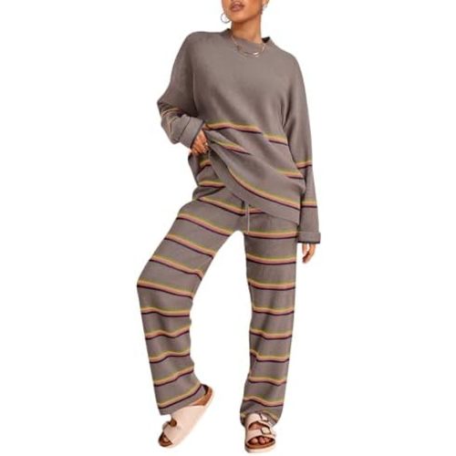 LILLUSORY 2 Piece Outfits for Women 2024 Fall Fashion Oversized Striped Sweaters Sets Cozy Lounge Sets Knit Clothes
