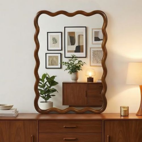 KTMBDW Curved Wood Frame Accent Mirror, Farmhouse French Country Decorative Wall Mirror, Rectangle 24"L x 36"W, Dark Waknut