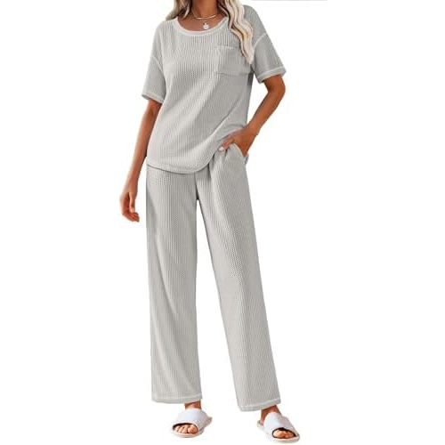 Ekouaer Women Waffle Knit Lounge Sets Short Sleeve Top and Long Pant Pajama Set Loungewear 2 Piece Pjs Set with Pockets