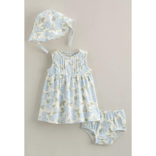 Pintuck Ruffle Cotton Dress, Hat & Bloomers Set