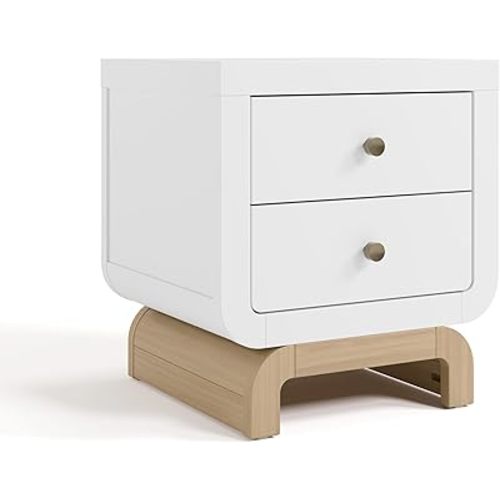 Storkcraft Santorini 2 Drawer Nightstand (White & Driftwood) - GREENGUARD Gold Certified Nightstand for Kids Bedroom, Premium Wood with Curved Base, “Champagne” Metal Knobs