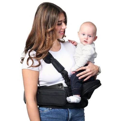 Born2Well Hip Seat Baby Carrier - Detachable Shoulder Strap & Adjustable Waistband for Comfortable Babywearing | Newborn & Toddler Carrier, Lumbar Support, Up to 44lbs (Black)