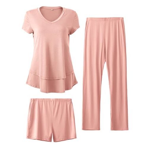 SUNNYBUY 3 PCS Maternity Breastfeeding Pajamas Set, Hidden Nursing Tops, Adjustable Pregnancy Shorts & Pants Postpartum PJS