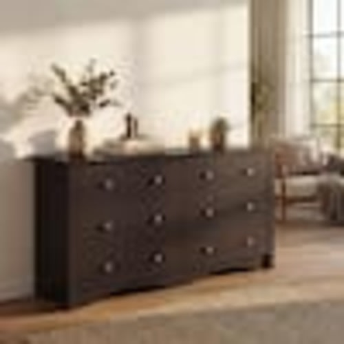 LACOO 47.2 in. Curved Base 6-Drawer MDF Dresser with Metal Knobs, Chocolate Brown V-WD-0158E-ABN