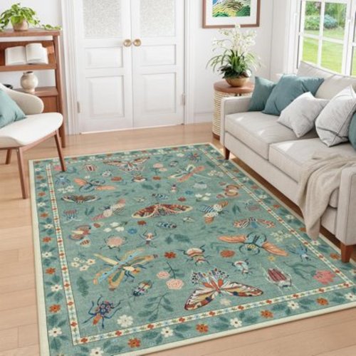 Moynesa 5'x7' Insect Machine Washable Rugs, Non Slip Soft Living Room Rugs Ultra-Thin Modern Light Green Rugs for Bedroom Girls, Stain Resistant Accent Carpet for Dining Room Girls Nursery