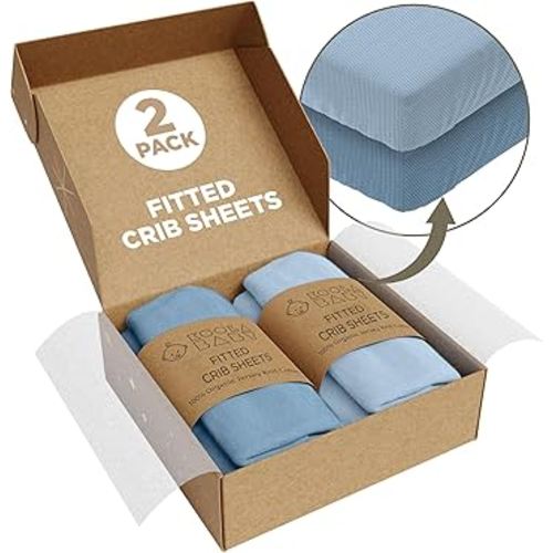 Crib Sheets 100% Organic Jersey Cotton Sheets for Boys & Girls, Fitted Sheets for Standard Crib & Toddler Mattress - Super Soft & Breathable for Cozy Comfort | Blue + Light Blue - 52"x28" (2 Pack)
