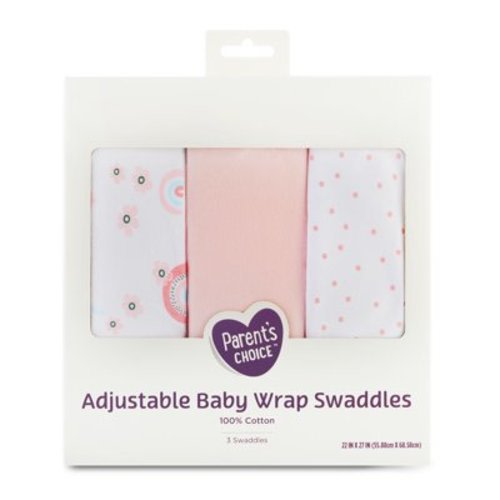 Parent's Choice 100% Cotton 3-Pack Adjustable Baby Wrap Swaddles for Girls, Rainbow Print, 22" x 27"