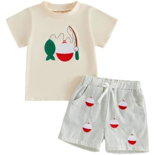 Dcohmch Baby Boy Fishing Outfit Adorable Fish Print Short Sleeve Shirt And Striped Shorts Set Toddler Summer Clothes