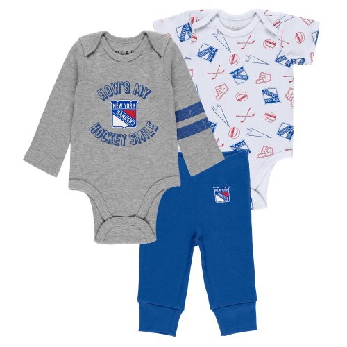 Newborn & Infant New York Rangers Gray/White/Blue Three-Piece Turn Me Around Bodysuit & Pants Set