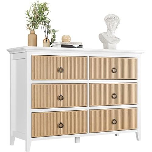 IDEALHOUSE 6 Drawers Dresser for Bedroom, Modern Closet Chest with Waveform Fluted Dresser, TV Stand 47.2’’ Wide Wooden Organizer for Hallway Closet Bedroom Living Room