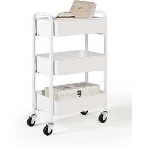 SunnyPoint 3-Tier Delicate Compact Rolling Metal Storage Organizer - Mobile Utility Cart Kitchen/Under Desk Cart with Caster Wheels - WHT (15.35" X 10.24" X 26.8"H)