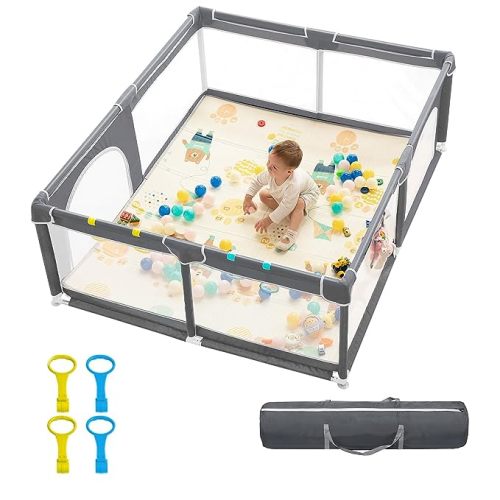 dearlomum Baby Playpen,71"x59" Extra Large Baby Playard, Playpen for Babies with Gate, 0-6 to 12 Months Baby Activity Center, Sturdy Safety Playpen with Soft Mesh,Playpen for Toddlers(Gray) - 71x59 " - Grey