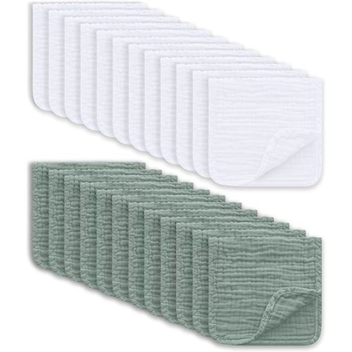 Muslin Burp Cloths Large 100% Cotton Hand Washcloths for Boys & Girls, Baby Essentials Extra Absorbent and Soft Burping Rags for Newborn Registry (White & Green, 24-Pack, 20" X10")