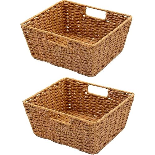 Kovot Woven Wicker Storage Baskets with Built-in Carry Handles - 9.75" L x 8.5" W x 4.5" H (2-Pack)
