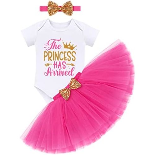 Newborn Baby Girls Coming Home Outfit Princess Romper + Tutu Skirt + Flower Headband Shiny Clothes Set for Photo Shoot