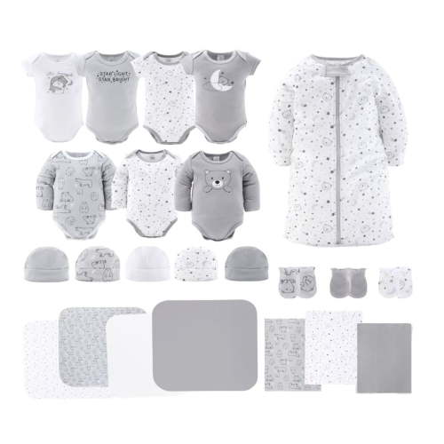 The Peanutshell Newborn Baby Layette Gift Set, 23 Pieces, Grey and White Celestial Bears