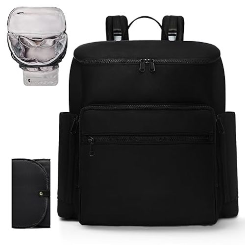 Diaper Bag Backpack, Neoprene Bag Backpack, Large Diaper Backpack with 16 Diaper Bag Organizers, 4 Insulated Pockets, Lighweight Travel Baby Bag with Changing Pad for Mom & Dad, Black