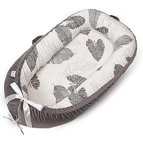 Baby Lounger - Ultra Soft 100% Cotton & Breathable Fiberfill Newborn Lounger, Portable Adjustable Infant Floor Seat for Travel, Newborn Must Have Essentials Baby Registry Search(Leaves)