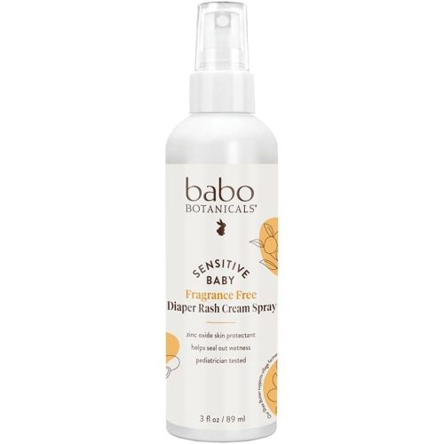 Babo Botanicals Sensitive Baby Fragrance-Free Diaper Rash Cream Spray - No touch, mess-free application - 14.9% Zinc Oxide - Shea Butter, Olive Oil & Aloe Vera - For Babies – 3fl.oz.