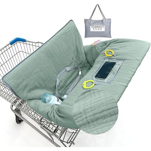 Muslin Shopping Cart Cover for Baby Soft & Breathable High Chair Covers for Restaurant Seat Grocery Cart Cover with Storage Pocket Machine Washable for Infant Toddler Boy Girl,Sage Green