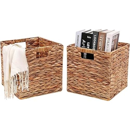 11x11in Wicker Storage Basket Set of 2 Collapsible Hyacinth Cube Storage Baskets,Storage Bins for Organizing Storage Basket with Built-in Handles