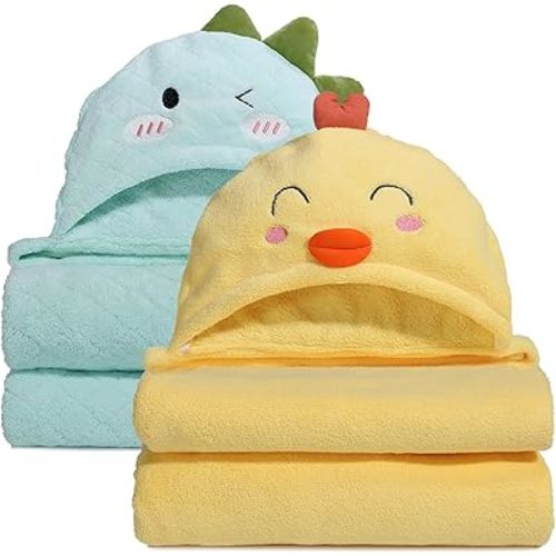 Toddler Towels with Hood, 2-Pack Thick Toddler Towels Set for Girl Boy, Soft Absorbent Animal Hooded Toddler Towels Age 1-5, 50" x 32" Thick Toddler Towels, Kids Towels Bath, Yellow & Green