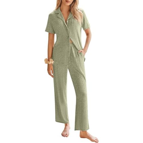 Ekouaer Womens Rib Knit Pajamas Button Up Lounge Sets Short Sleeve Top and Long Pants Matching Pjs Sleepwear Loungewear