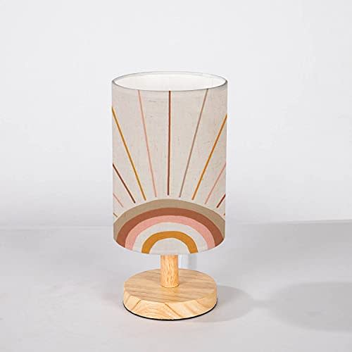 Minimalist Bedside Table Lamp Boho Magic Rainbow Sun and Rays Background Trendy Abstract Geometric Solid Wood Nightstand Lamp Bedside Desk Lamp Wood Base Flaxen Fabric Shade for Bedroom Living Room