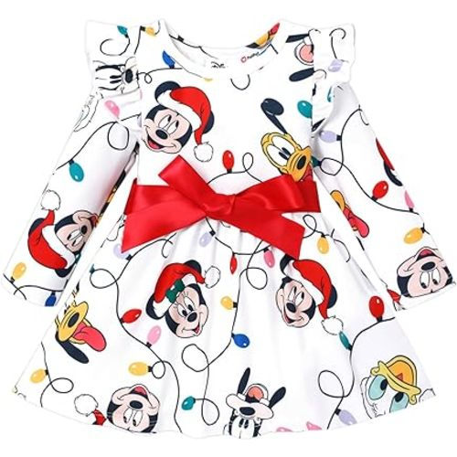 Disney Mickey Toddler Baby Girl Christmas Minnie Print Bow Tie Long Sleeve Tutu Dress