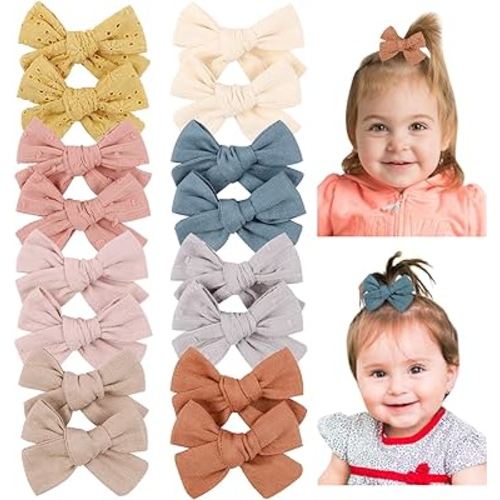 Dizila 16 Pack/8 Pairs Fall Winter Retro Rustic Linen Pigtail Hair Bow Fully Lined Alligator Hair Clips Small Barrettes Hair Accessories for Baby Girls Toddlers Kids Teens