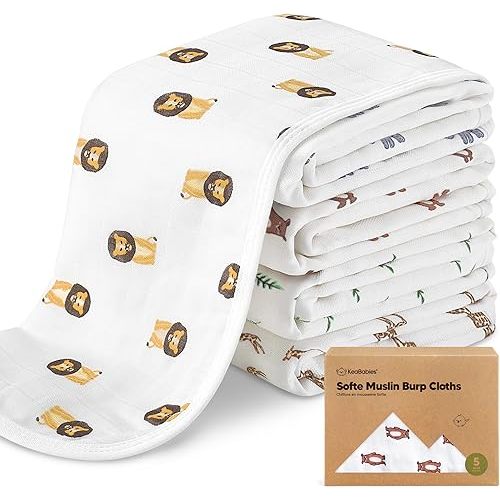 5-Pack Muslin Burp Cloths for Baby Boys and Girls - Super Absorbent Baby Burp Cloth, Viscose Derived from Bamboo Cotton Baby Washcloths, Burp Rags, Large Neutral Burp Clothes for Newborn(The Wild)