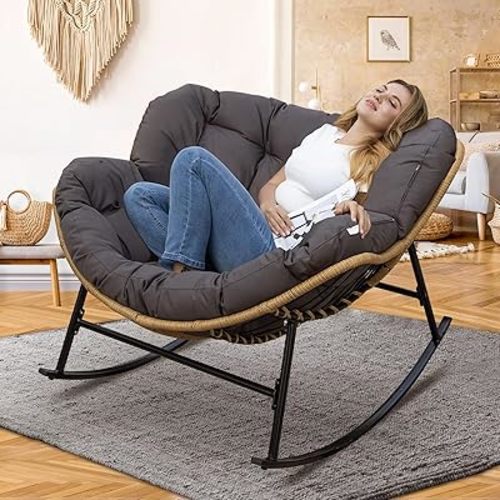 NICESOUL Indoor Outdoor Papasan Royal Rocking Chair with Padded Cushion, Oversized All-Weather Patio Rocker, Large Wicker Egg Glider, Wide Cozy Comfortable Recliner Lounger for Relaxation, Grey