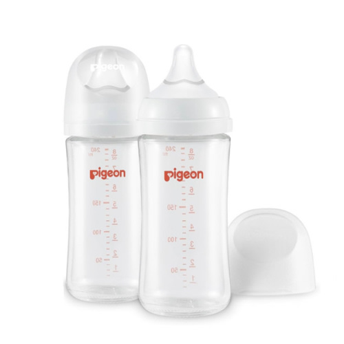 Pigeon Glass Nursing Bottle Wide Neck, Anti-Colic, Streamlined Body, Natural Feel, Easy to Clean, Heat-Resistant, 8.1 Oz(Pack of 2), Includes 2pcs M Nipples (3m+)