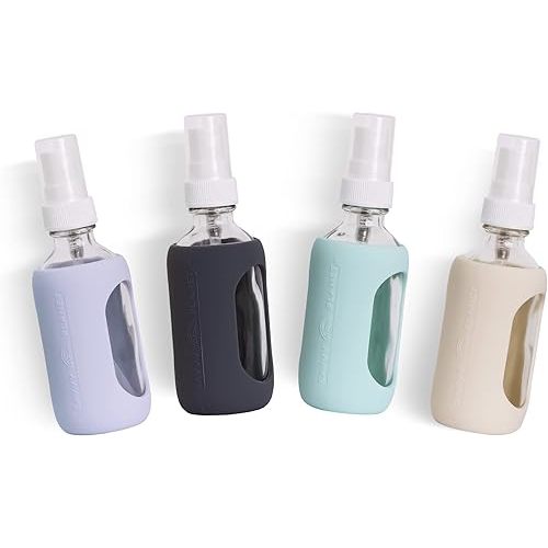 Empty Clear Glass 2oz Small Spray Bottles with Silicone Sleeve Protection - Refillable Containers for Travel, Cleaning Solutions, Essential Oils, Sanitizers - Quality Sprayer - 4 Pack