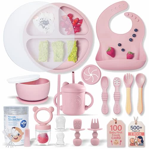 Remonda 23-Piece BPA-Free Silicone Baby Feeding Set | Extra Large Suction Plates, Toddler Bowls, Self Feeding Spoons, and More | Dishwasher Safe| Baby Led Weaning Supplies (Pink)