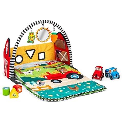 Baby Einstein Busy Barnyard Grow with Me Baby Play Gym - Extra Large Soft Play Mat with 8 Removable Toys Including 30+ Songs & Sounds to Support Motor Skills, Ages 0+ Months
