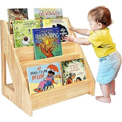 5 Tier Montessori Bookshelf Solid Wood, Nursery Bookcase, Toddler Book Display Shelf for Toddler, 17" Height