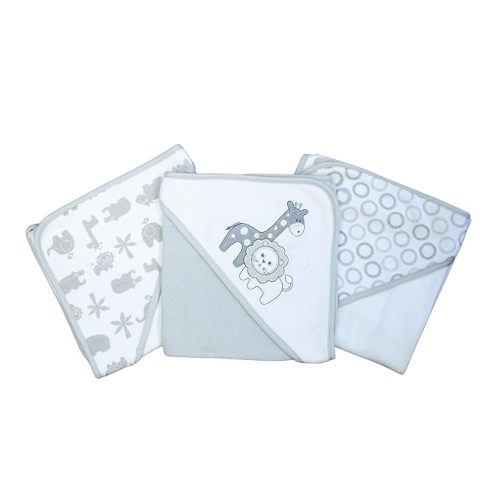 Spasilk Baby 3 Pack Soft Terry Hooded Towel Set for Newborn Boys and Girls Gray Lion One Size